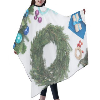 Personality  Top View Of Handmade Christmas Wreath Decorations And Ribbons Isolated On White Hair Cutting Cape