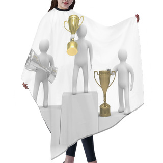 Personality  Winners With Cups On White Background. Hair Cutting Cape