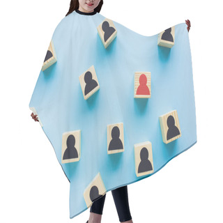 Personality  Top View Of Wooden Blocks With Black And Red Human Icons Scattered On Blue Background, Leadership Concept Hair Cutting Cape