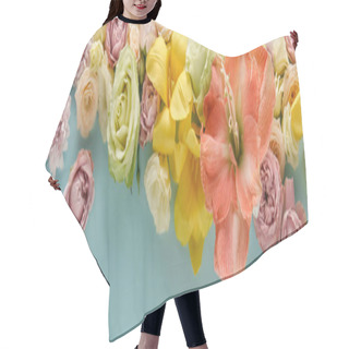 Personality  Top View Of Spring Flowers On Blue Background, Panoramic Shot Hair Cutting Cape