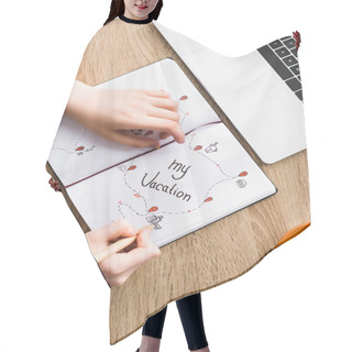 Personality  Cropped View Of Girl Drawing In Notebook With My Vacation Lettering On Wooden Table Hair Cutting Cape