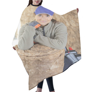 Personality  Female Builder Posing Next To A Roll Of Insulation Wool Hair Cutting Cape