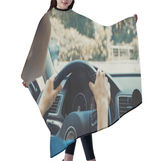 Personality  Young Woman Holding Steering Wheel While Driving Car Hair Cutting Cape