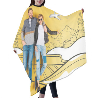 Personality  Happy Woman Showing Thumb Up And Hugging Boyfriend With Mountains And Airplane Illustration On Yellow Background Hair Cutting Cape