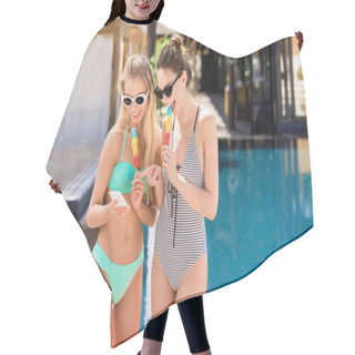 Personality  Happy Young Women In Swimsuit And Bikini Eating Popsicles And Using Smartphone At Poolside Hair Cutting Cape