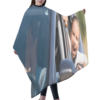 Personality  Horizontal Concept Of Excited Kid Looking Through Car Window Near Father  Hair Cutting Cape