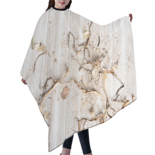 Personality  An Artfully Arranged Generic Flat Background Texture Wood Panel Layout With A Mix Of Sand And Organic Matter In Natural Earthy Hues And Tones. Hair Cutting Cape