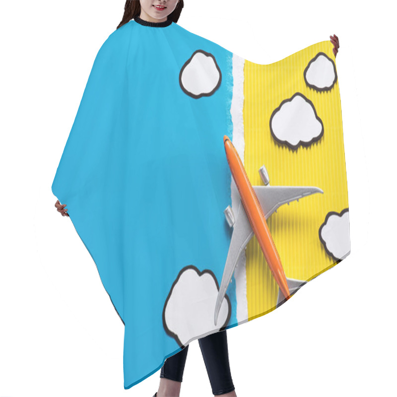 Personality  Top View Of Toy Plane And Paper Clouds On Yellow And Blue Background, Trip Concept Hair Cutting Cape
