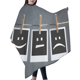 Personality  Happy, Sad And Neutral Emoticons On Instant Print Photographs Hair Cutting Cape