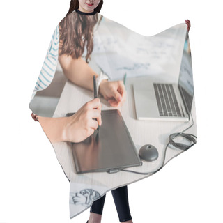 Personality  Cropped View Of Animator Using Digital Tablet Near Sketches  Hair Cutting Cape