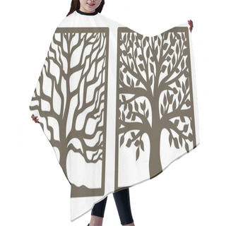 Personality  Two Trees In A Square Frame, With And Without Leaves. Brown Trunk, Branches. Design Element, Sample Panel For Plotter Cutting. Template For Paper Cut, Plywood, Cardboard, Metal Engraving, Wood Carving Hair Cutting Cape
