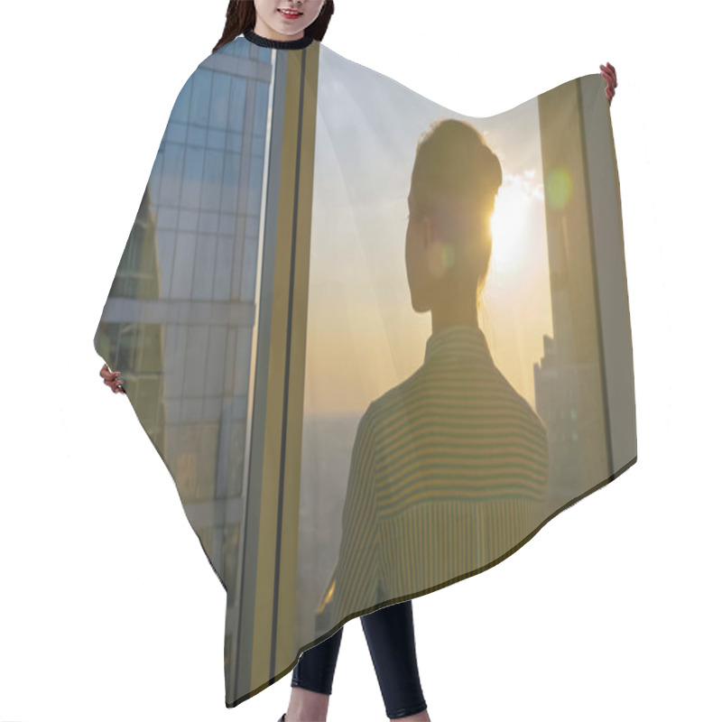 Personality  Back View Of Woman Looking At Cityscape Through Glass Window Of Skyscraper Hair Cutting Cape