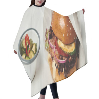 Personality  Banner Of Hamburger With Sesame Bun, Beef And Pickles As Side Dish On Wooden Tray On Grey Backdrop Hair Cutting Cape