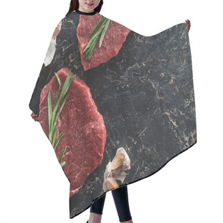 Personality  Top View Of Uncooked Beef Sirloins With Garlic And Rosemary On Black Marble Background Hair Cutting Cape