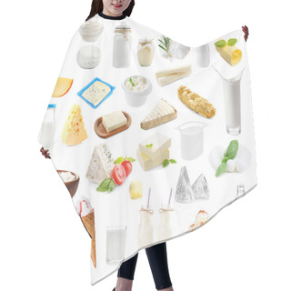 Personality  Different Types Of Dairy Products On White Background. Dairy Food Collage. Hair Cutting Cape