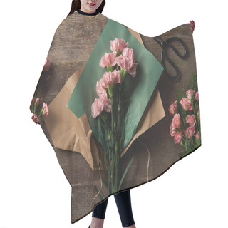 Personality  Top View Of Beautiful Pink Flowers With Craft Paper And Scissors On Wooden Surface  Hair Cutting Cape