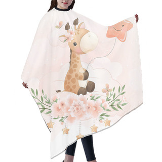 Personality  Cute Doodle Giraffe With Floral Illustration Hair Cutting Cape