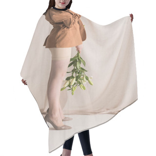 Personality  Cropped View Of Adult Woman Standing On Curtain Background With Flowers In Hands Hair Cutting Cape
