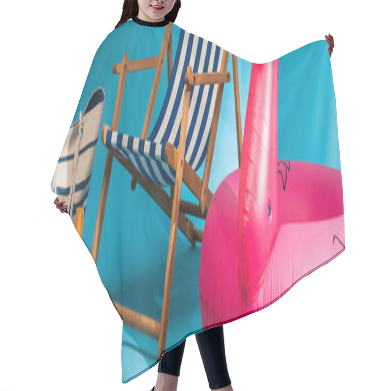 Personality  Close Up View Of Striped Deck Chair Near Inflatable Flamingo, Sunscreen, Beach Bag And Cocktail On Blue Background, Panoramic Shot Hair Cutting Cape
