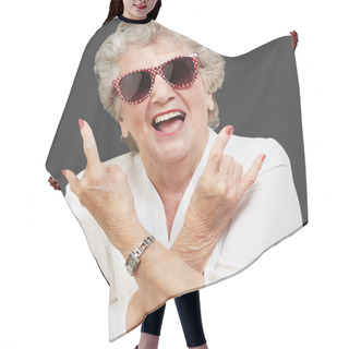 Personality  Senior Woman Wearing Sunglasses Doing Funky Action Hair Cutting Cape