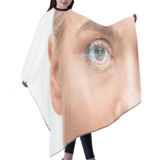 Personality  Cropped View Of Young Woman Looking At Camera With Digital Illustration On Eye Isolated On White  Hair Cutting Cape