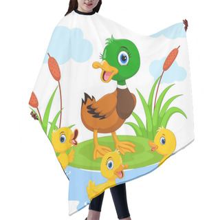 Personality  Mother Duck Swims With Her Three Little Cute Ducklings In The Pond  Hair Cutting Cape