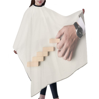 Personality  Cropped View Of Man Putting Wooden Brick On Top Of Wooden Blocks Symbolizing Career Ladder Isolated On White Hair Cutting Cape