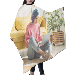Personality  Freelancer With Colorful Hair Working With Laptop Near Sofa In Living Room Hair Cutting Cape