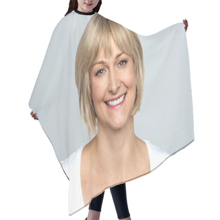 Personality  Portrait Of A Smiling Middle Aged Caucasian Woman Hair Cutting Cape