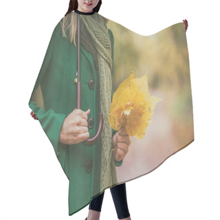 Personality  Woman  Holding Umbrella And Fall Leafs While Standing In The Park. Hair Cutting Cape