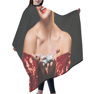 Personality  Cropped Image Of Smiling Girl In Red Shiny Dress Holding Casino Chips Isolated On Black Hair Cutting Cape