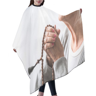 Personality  Partial View Of Senior Woman Praying With Wooden Rosary  Hair Cutting Cape