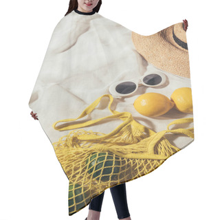 Personality  High Angle View Of Sunglasses, Wicker Hat And String Bag With Fresh Ripe Tropical Fruits Hair Cutting Cape