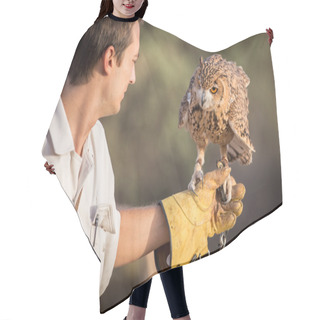 Personality  Desert Owl On A Hand Of Its Trainer Hair Cutting Cape