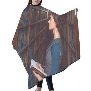 Personality  Young Woman With Notebook In Library Hair Cutting Cape