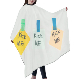 Personality  Close Up View Of Notes With Kick Me Lettering And Sticky Tape Isolated On Grey, April Fools Day Holiday Concept Hair Cutting Cape