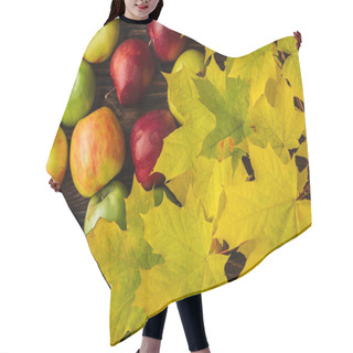 Personality  Top View Of Ripe Multicolored Apples And Yellow Maple Leaves On Wooden Table  Hair Cutting Cape