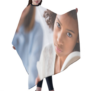 Personality  Depressed African American Girl With Autism Looking At Camera During Consultation With Blurred Psychologist On Background Hair Cutting Cape