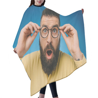 Personality  Surprised Bearded Man In Eyeglasses Isolated On Blue Hair Cutting Cape