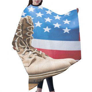 Personality  Military Boots Near American Flag On Blurred Background Hair Cutting Cape