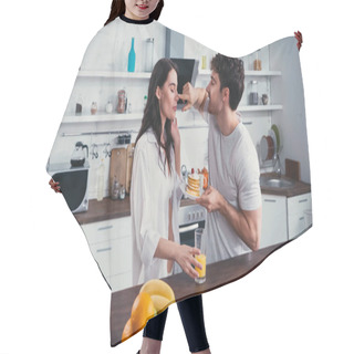 Personality  Young Man Touching Nose Of Girlfriend In Unbuttoned Shirt While Holding Pancakes  Hair Cutting Cape