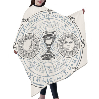 Personality  Holy Grail With The Sun, Moon, Alchemical And Masonic Symbols In Retro Style. Vector Hand-drawn Banner On The Theme Of Mysticism, Magic, Religion With Esoteric And Magical Signs Written In A Circle Hair Cutting Cape