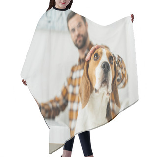 Personality  Businessman With Tablet Palming Cute Beagle Hair Cutting Cape
