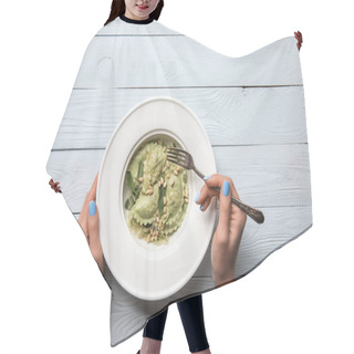 Personality  Cropped View Of Woman Eating Green Ravioli With Pine Nuts And Sage At Wooden Table Hair Cutting Cape