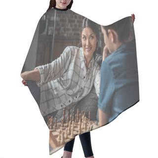 Personality  Mother And Boy Playing Chess Hair Cutting Cape