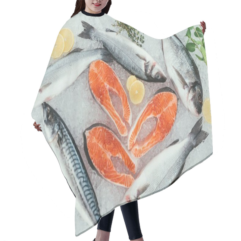 Personality  Top View Of Assorted Organic Seafood And Ingredients On Ice Hair Cutting Cape
