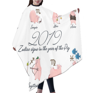Personality  Set Of Cute Cartoon Zodiac Cat. Vector Illustration Zodiacal Symbols. Pig Collection. Hair Cutting Cape
