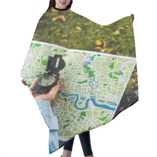 Personality  Cropped View Of Woman Holding Map And Vintage Compass Outside  Hair Cutting Cape