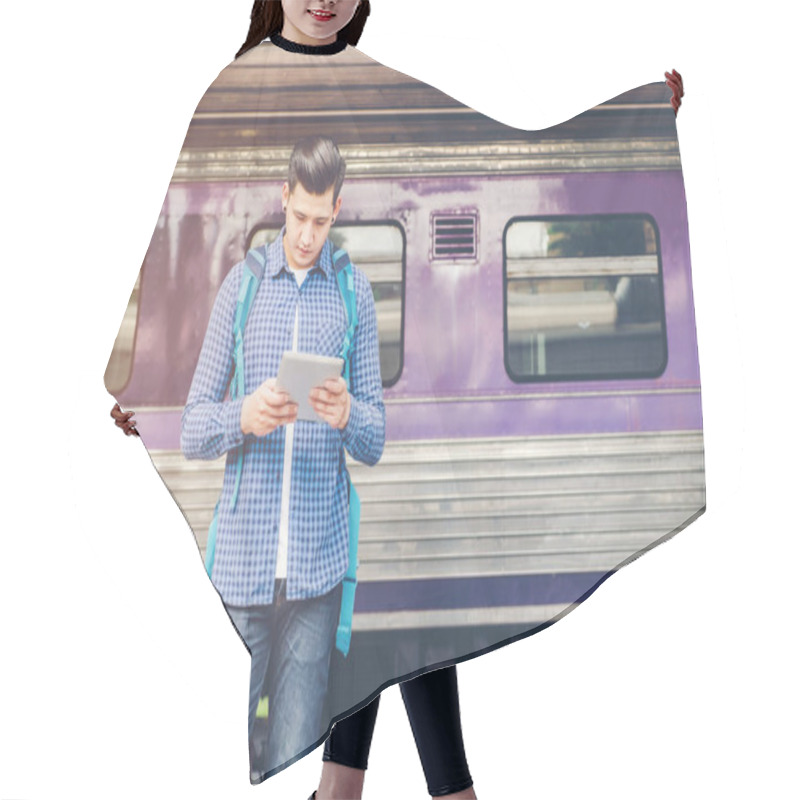 Personality  Traveler Man Using Tablet And Phone Waiting For Train On The Sta Hair Cutting Cape