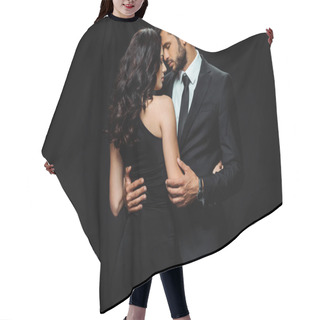 Personality  Attractive Woman In Dress Hugging Bearded Man Isolated On Black  Hair Cutting Cape